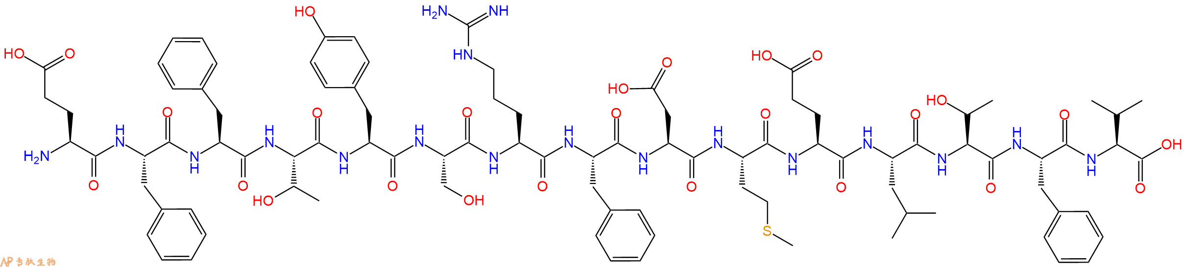 专肽生物产品H2N-Glu-Phe-Phe-Thr-Tyr-Ser-Arg-Phe-Asp-Met-Glu-Leu-Thr-Phe-Val-OH