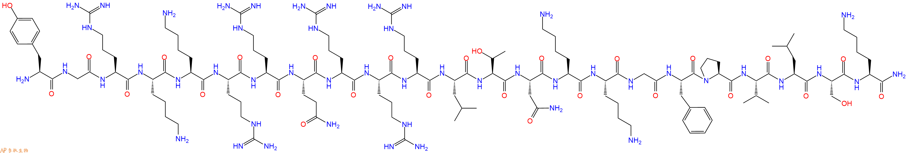 专肽生物产品H2N-Tyr-Gly-Arg-Lys-Lys-Arg-Arg-Gln-Arg-Arg-Arg-Leu-Thr-Asn-Lys-Lys-Gly-Phe-Pro-Val-Leu-Ser-Lys-CONH2