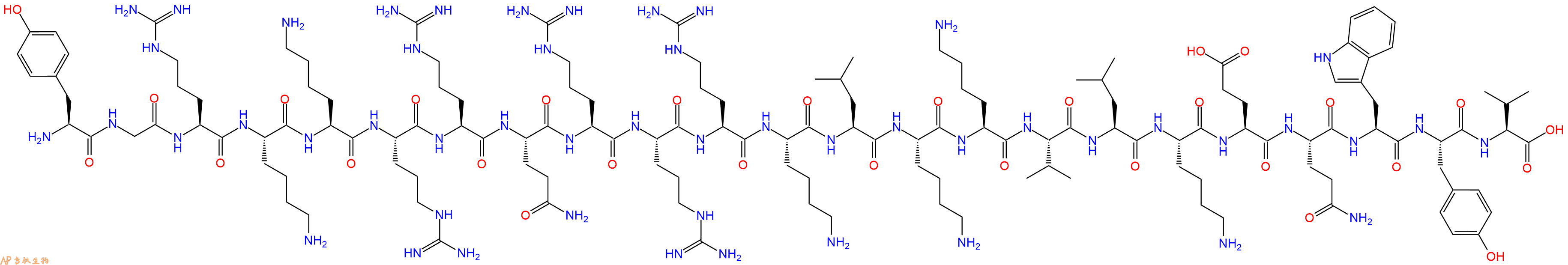 专肽生物产品H2N-Tyr-Gly-Arg-Lys-Lys-Arg-Arg-Gln-Arg-Arg-Arg-Lys-Leu-Lys-Lys-Val-Leu-Lys-Glu-Gln-Trp-Tyr-Val-OH