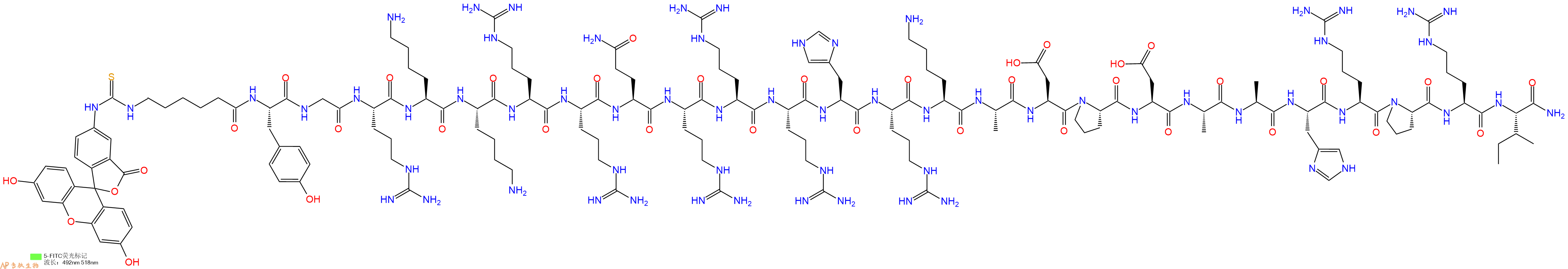 专肽生物产品5FITC-Ahx-Tyr-Gly-Arg-Lys-Lys-Arg-Arg-Gln-Arg-Arg-Arg-His-Arg-Lys-Ala-Asp-Pro-Asp-Ala-Ala-His-Arg-Pro-Arg-Ile-CONH2