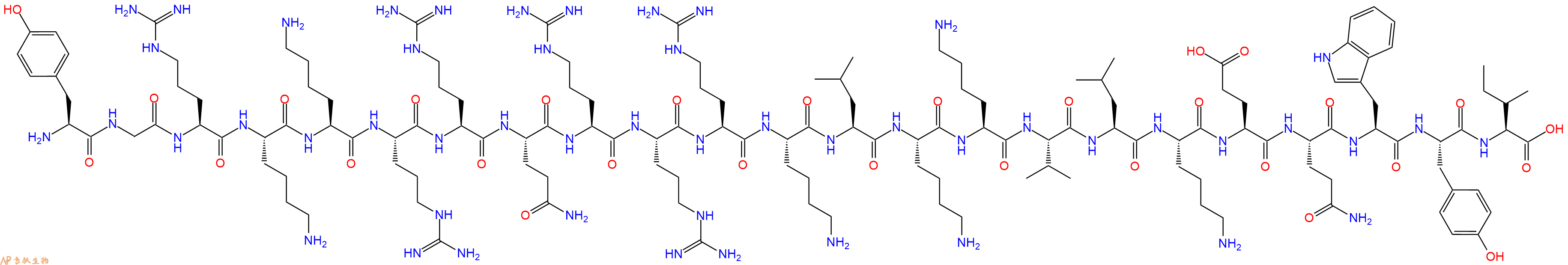 专肽生物产品H2N-Tyr-Gly-Arg-Lys-Lys-Arg-Arg-Gln-Arg-Arg-Arg-Lys-Leu-Lys-Lys-Val-Leu-Lys-Glu-Gln-Trp-Tyr-Ile-OH