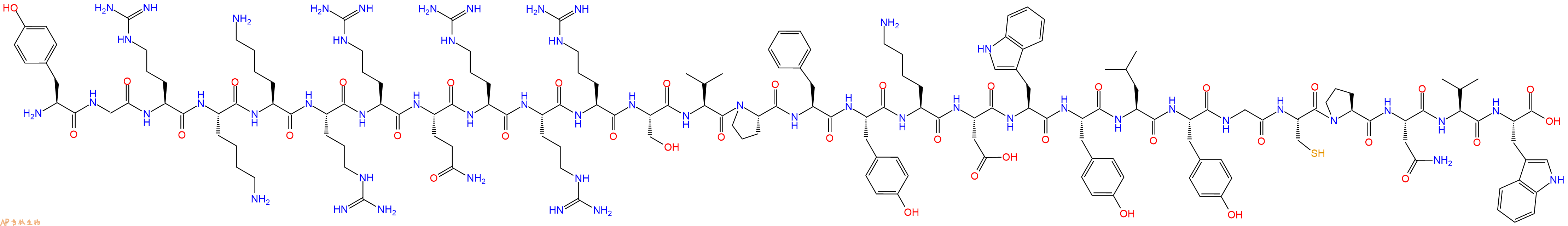 专肽生物产品H2N-Tyr-Gly-Arg-Lys-Lys-Arg-Arg-Gln-Arg-Arg-Arg-Ser-Val-Pro-Phe-Tyr-Lys-Asp-Trp-Tyr-Leu-Tyr-Gly-Cys-Pro-Asn-Val-Trp-OH