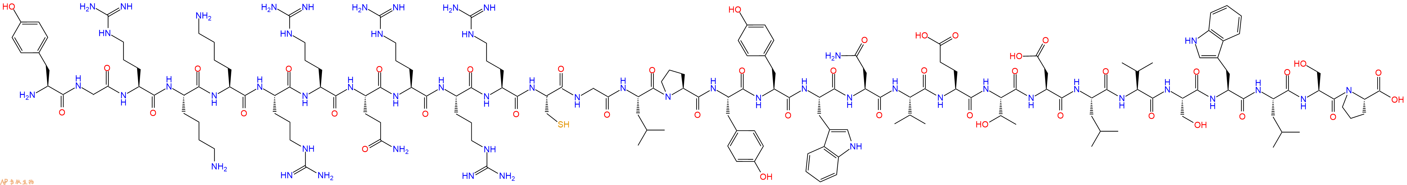专肽生物产品H2N-Tyr-Gly-Arg-Lys-Lys-Arg-Arg-Gln-Arg-Arg-Arg-Cys-Gly-Leu-Pro-Tyr-Tyr-Trp-Asn-Val-Glu-Thr-Asp-Leu-Val-Ser-Trp-Leu-Ser-Pro-OH