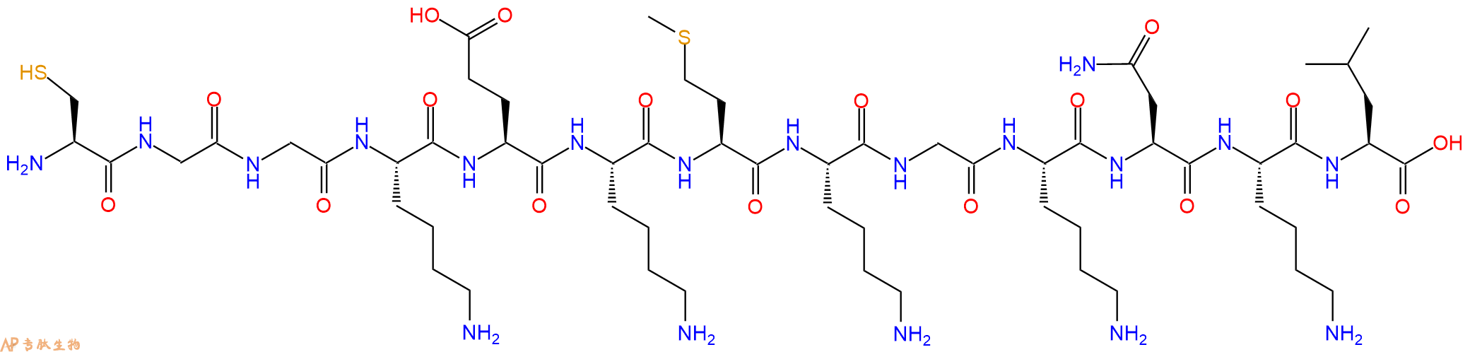 专肽生物产品H2N-Cys-Gly-Gly-Lys-Glu-Lys-Met-Lys-Gly-Lys-Asn-Lys-Leu-OH
