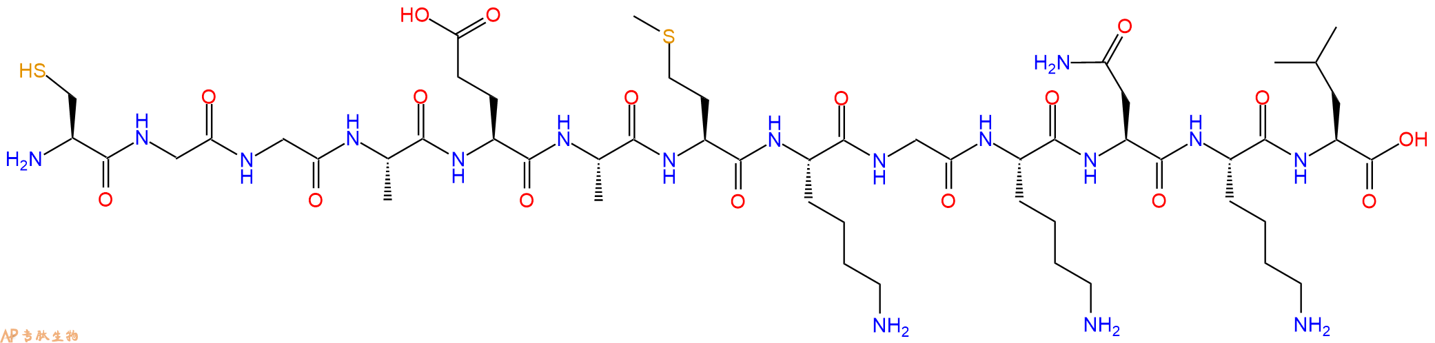 专肽生物产品H2N-Cys-Gly-Gly-Ala-Glu-Ala-Met-Lys-Gly-Lys-Asn-Lys-Leu-OH
