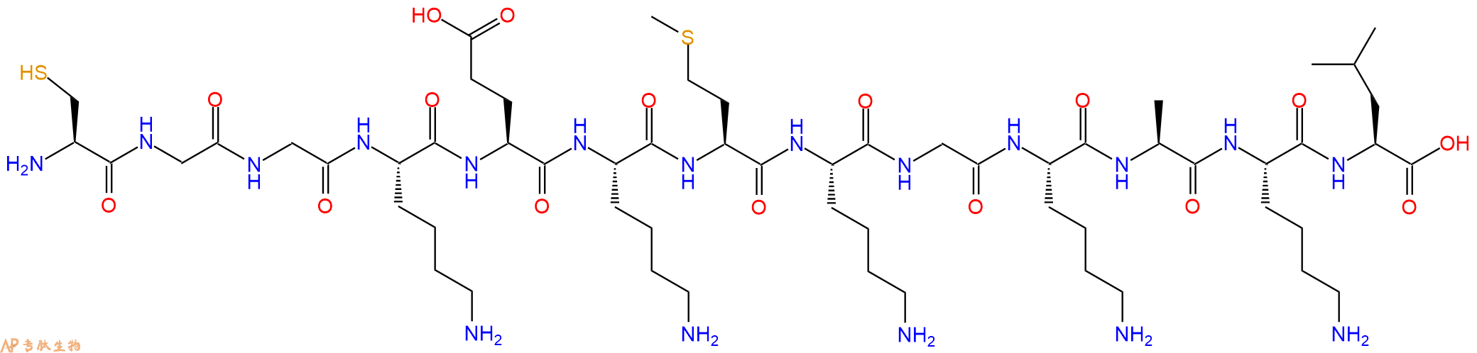 专肽生物产品H2N-Cys-Gly-Gly-Lys-Glu-Lys-Met-Lys-Gly-Lys-Ala-Lys-Leu-OH