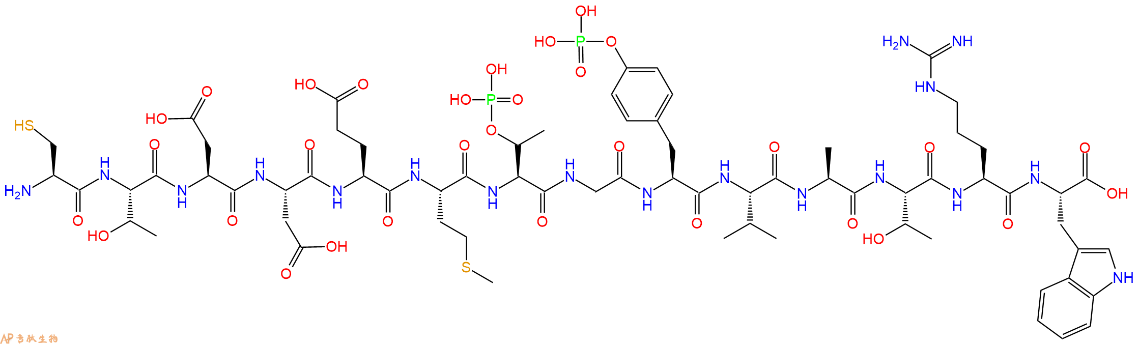 专肽生物产品H2N-Cys-Thr-Asp-Asp-Glu-Met-pThr-Gly-Tyr(PO3H2)-Val-Ala-Thr-Arg-Trp-OH