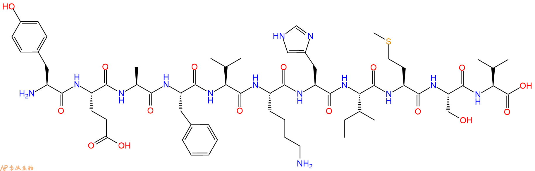 专肽生物产品H2N-Tyr-Glu-Ala-Phe-Val-Lys-His-Ile-Met-Ser-Val-OH