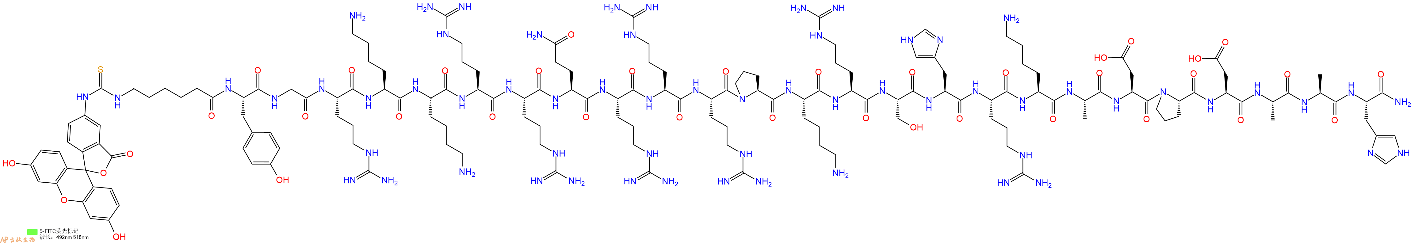 专肽生物产品5FITC-Ahx-Tyr-Gly-Arg-Lys-Lys-Arg-Arg-Gln-Arg-Arg-Arg-Pro-Lys-Arg-Ser-His-Arg-Lys-Ala-Asp-Pro-Asp-Ala-Ala-His-CONH2