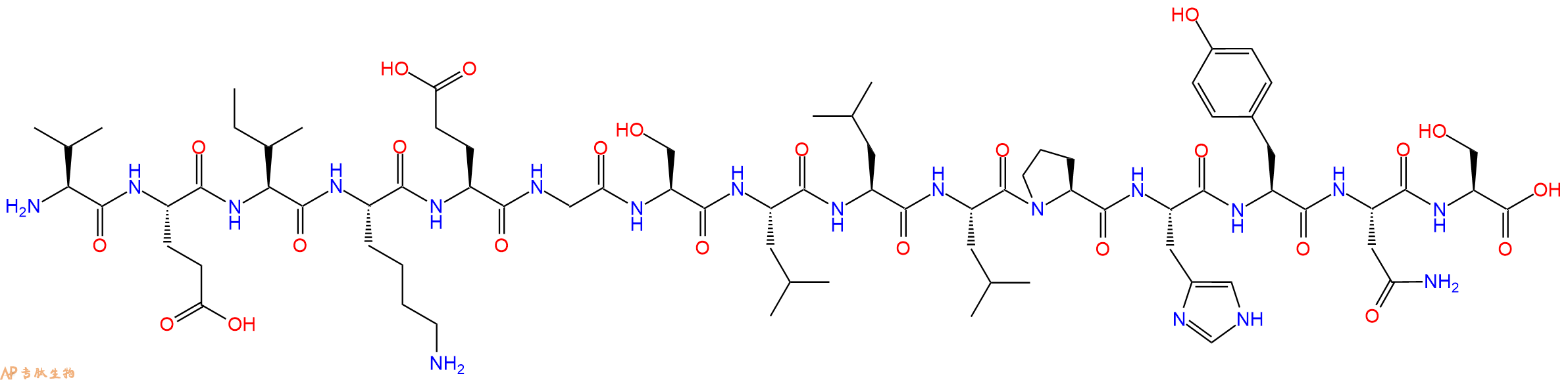 专肽生物产品H2N-Val-Glu-Ile-Lys-Glu-Gly-Ser-Leu-Leu-Leu-Pro-His-Tyr-Asn-Ser-OH