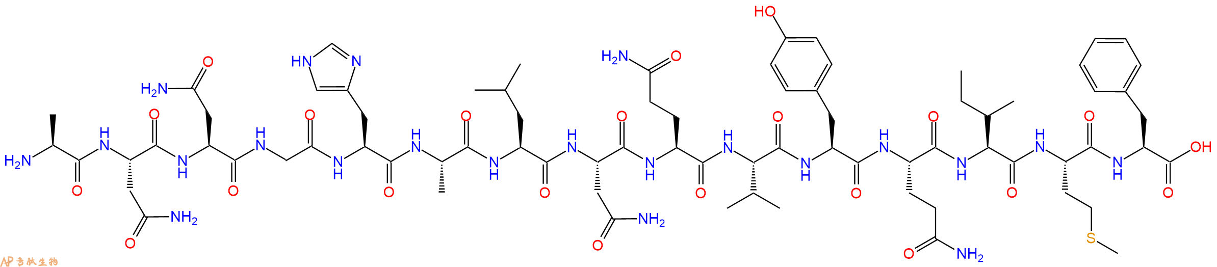 专肽生物产品H2N-Ala-Asn-Asn-Gly-His-Ala-Leu-Asn-Gln-Val-Tyr-Gln-Ile-Met-Phe-OH