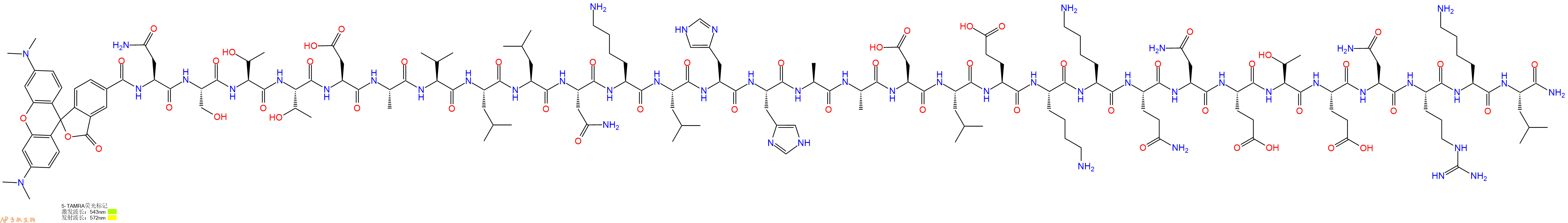 专肽生物产品5TAMRA-Asn-Ser-Thr-Thr-Asp-Ala-Val-Leu-Leu-Asn-Lys-Leu-His-His-Ala-Ala-Asp-Leu-Glu-Lys-Lys-Gln-Asn-Glu-Thr-Glu-Asn-Arg-Lys-Leu-CONH2