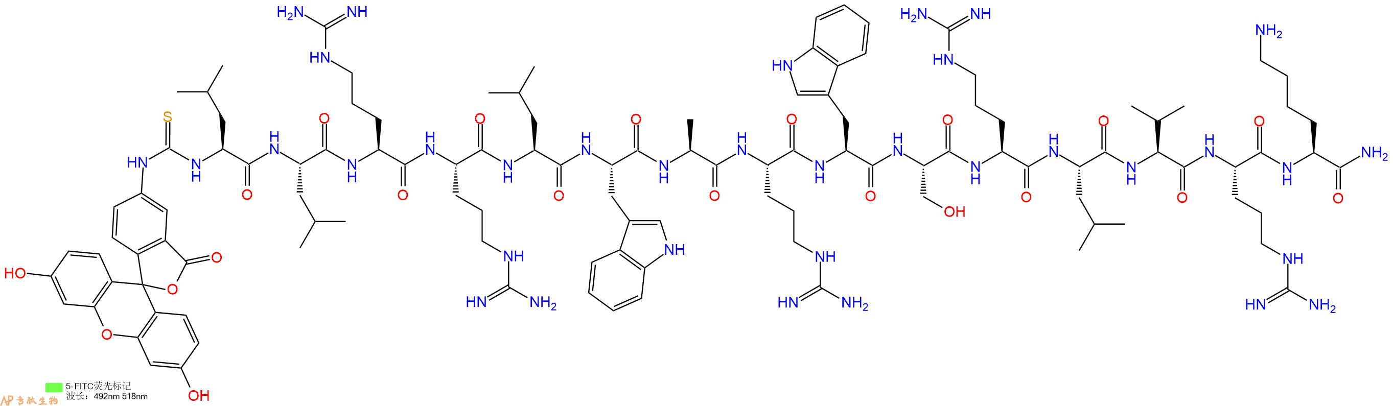 专肽生物产品5FITC-Leu-Leu-Arg-Arg-Leu-Trp-Ala-Arg-Trp-Ser-Arg-Leu-Val-Arg-Lys-CONH2