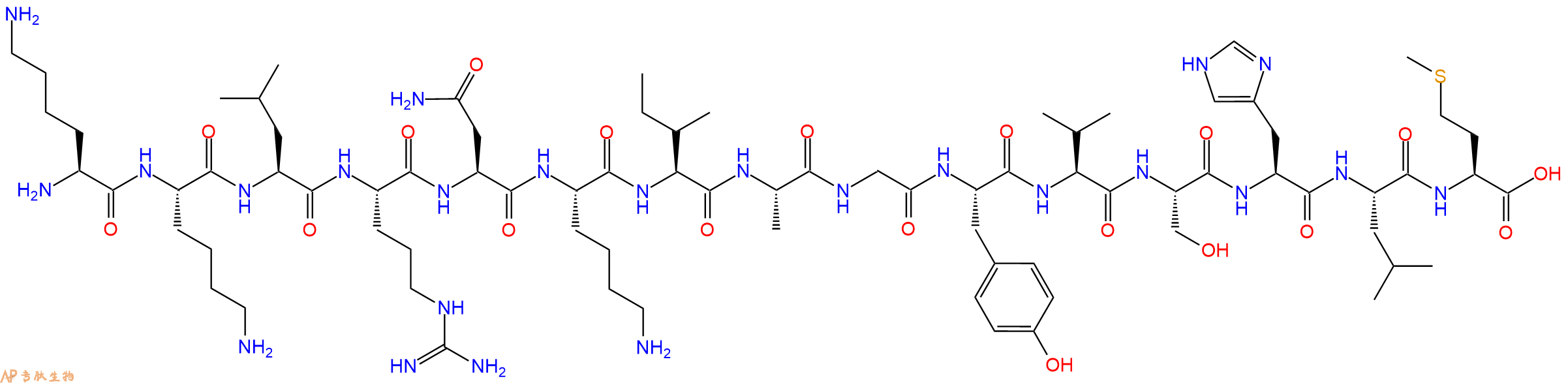 专肽生物产品H2N-Lys-Lys-Leu-Arg-Asn-Lys-Ile-Ala-Gly-Tyr-Val-Ser-His-Leu-Met-OH