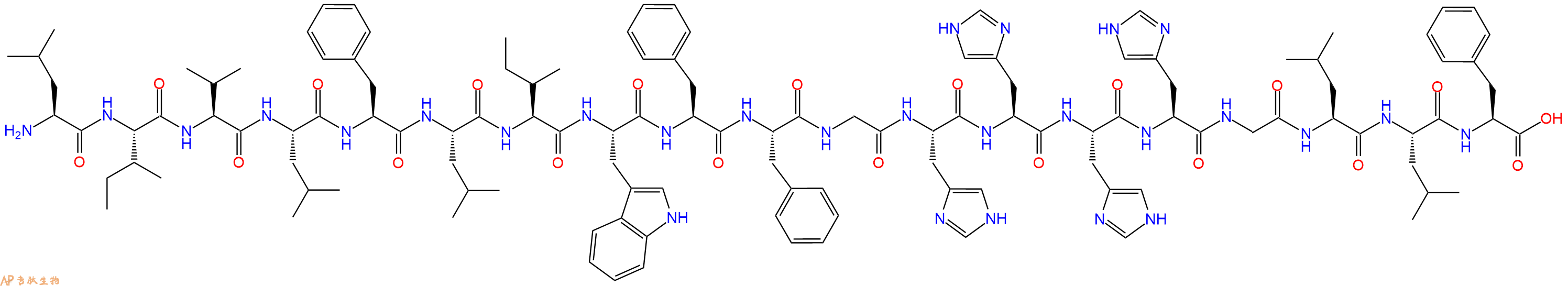 专肽生物产品H2N-Leu-Ile-Val-Leu-Phe-Leu-Ile-Trp-Phe-Phe-Gly-His-His-His-His-Gly-Leu-Leu-Phe-OH