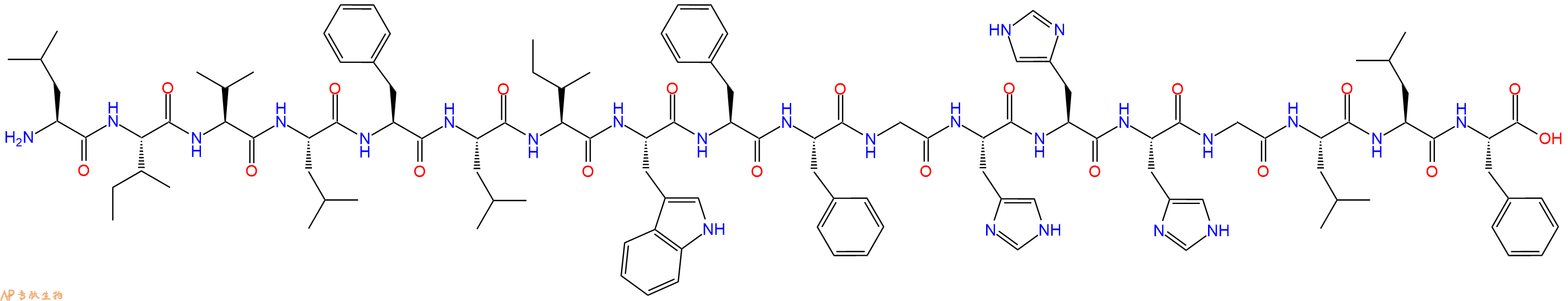 专肽生物产品H2N-Leu-Ile-Val-Leu-Phe-Leu-Ile-Trp-Phe-Phe-Gly-His-His-His-Gly-Leu-Leu-Phe-OH