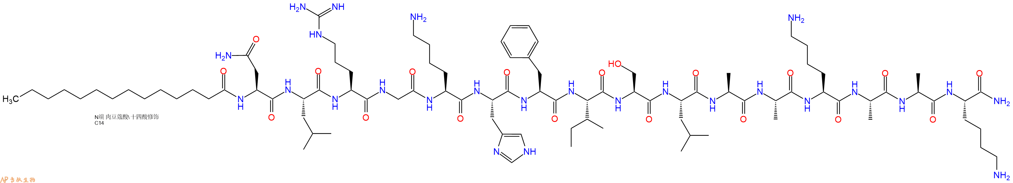 专肽生物产品Myristicacid-Asn-Leu-Arg-Gly-Lys-His-Phe-Ile-Ser-Leu-Ala-Ala-Lys-Ala-Ala-Lys-CONH2
