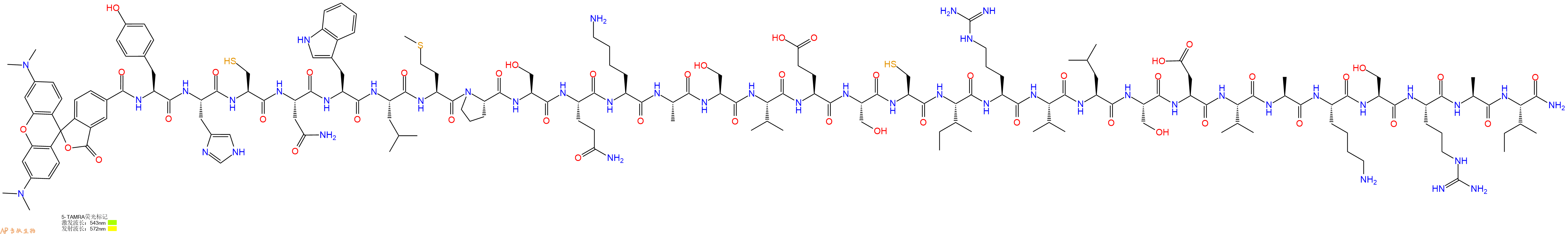 专肽生物产品5TAMRA-Tyr-His-Cys-Asn-Trp-Leu-Met-Pro-Ser-Gln-Lys-Ala-Ser-Val-Glu-Ser-Cys-Ile-Arg-Val-Leu-Ser-Asp-Val-Ala-Lys-Ser-Arg-Ala-Ile-CONH2