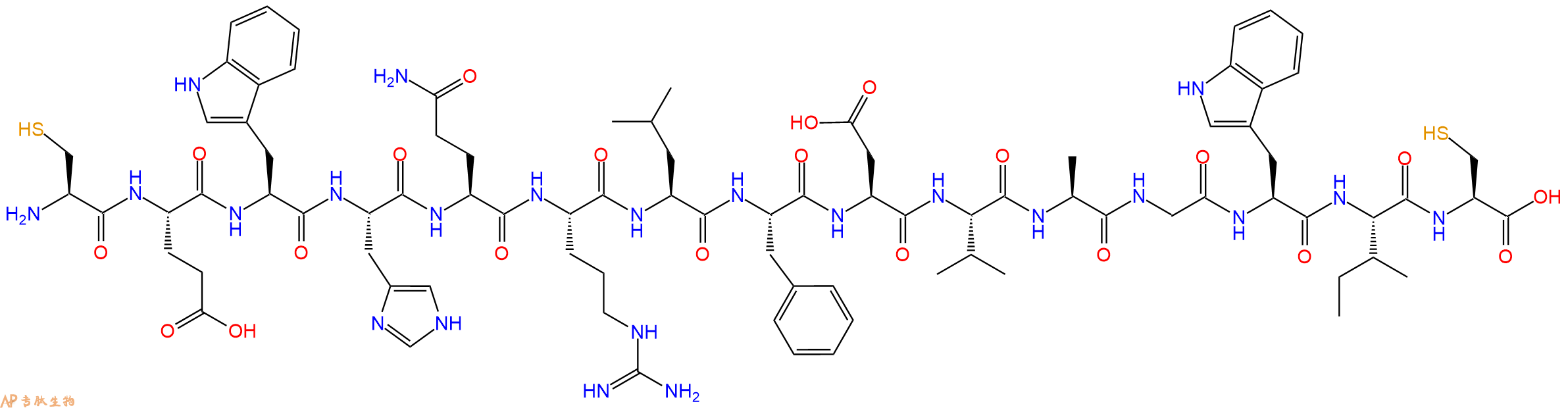 专肽生物产品H2N-Cys-Glu-Trp-His-Gln-Arg-Leu-Phe-Asp-Val-Ala-Gly-Trp-Ile-Cys-OH