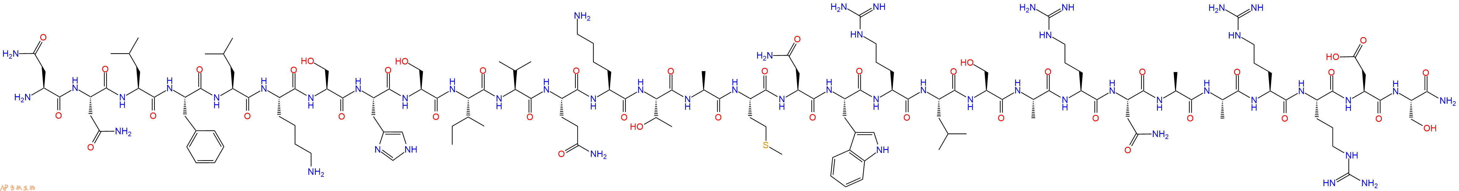 专肽生物产品H2N-Asn-Asn-Leu-Phe-Leu-Lys-Ser-His-Ser-Ile-Val-Gln-Lys-Thr-Ala-Met-Asn-Trp-Arg-Leu-Ser-Ala-Arg-Asn-Ala-Ala-Arg-Arg-Asp-Ser-CONH2
