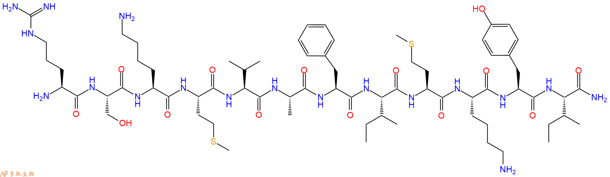 专肽生物产品H2N-Arg-Ser-Lys-Met-Val-Ala-Phe-Ile-Met-Lys-Tyr-Ile-CONH2