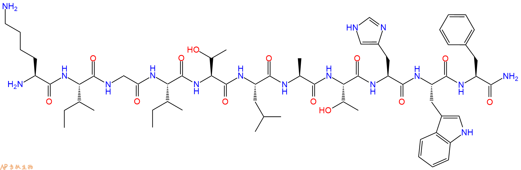 专肽生物产品H2N-Lys-Ile-Gly-Ile-Thr-Leu-Ala-Thr-His-Trp-Phe-CONH2