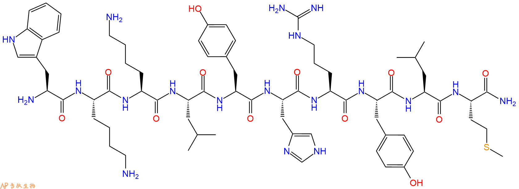 专肽生物产品H2N-Trp-Lys-Lys-Leu-Tyr-His-Arg-Tyr-Leu-Met-CONH2