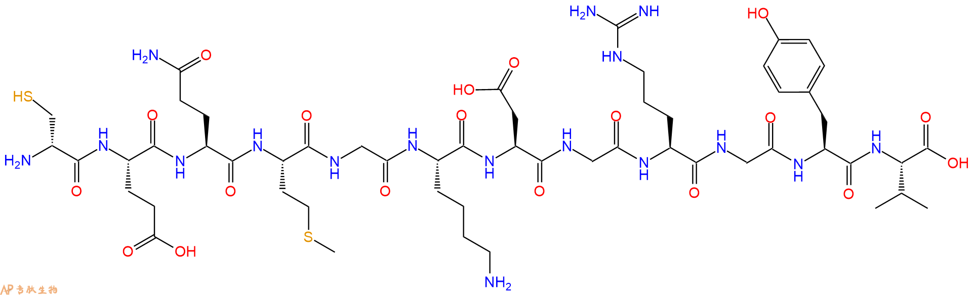 专肽生物产品H2N-DCys-Glu-Gln-Met-Gly-Lys-Asp-Gly-Arg-Gly-Tyr-Val-OH