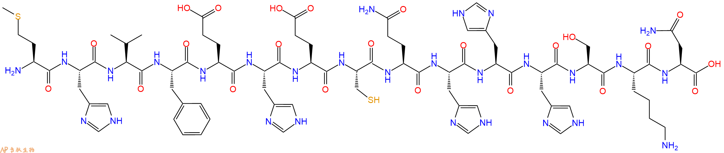 专肽生物产品H2N-Met-His-Val-Phe-Glu-His-Glu-Cys-Gln-His-His-His-Ser-Lys-Asn-OH