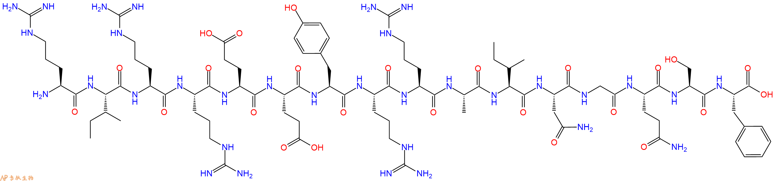 专肽生物产品H2N-Arg-Ile-Arg-Arg-Glu-Glu-Tyr-Arg-Arg-Ala-Ile-Asn-Gly-Gln-Ser-Phe-OH
