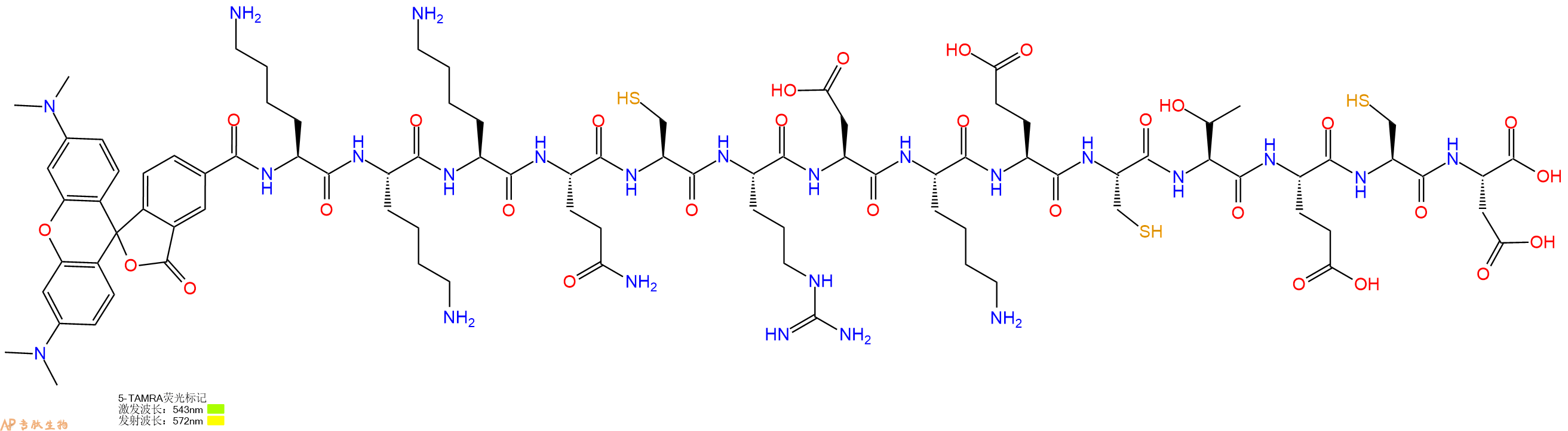 专肽生物产品5TAMRA-Lys-Lys-Lys-Gln-Cys-Arg-Asp-Lys-Glu-Cys-Thr-Glu-Cys-Asp-OH