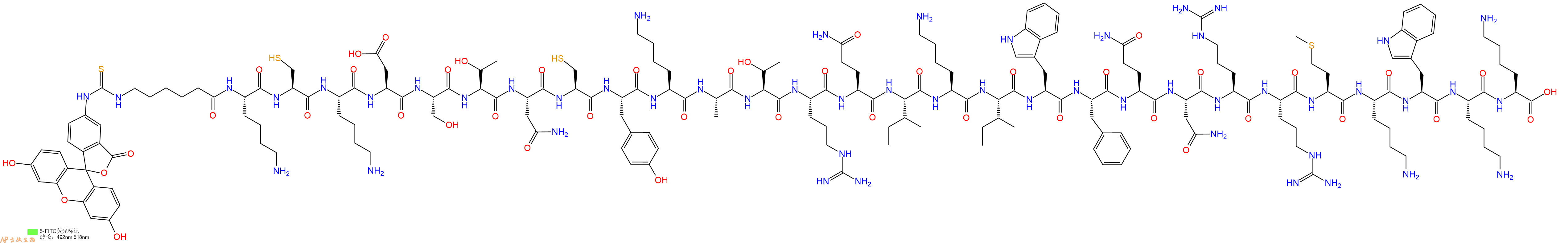 专肽生物产品5FITC-Ahx-Lys-Cys-Lys-Asp-Ser-Thr-Asn-Cys-Tyr-Lys-Ala-Thr-Arg-Gln-Ile-Lys-Ile-Trp-Phe-Gln-Asn-Arg-Arg-Met-Lys-Trp-Lys-Lys-OH