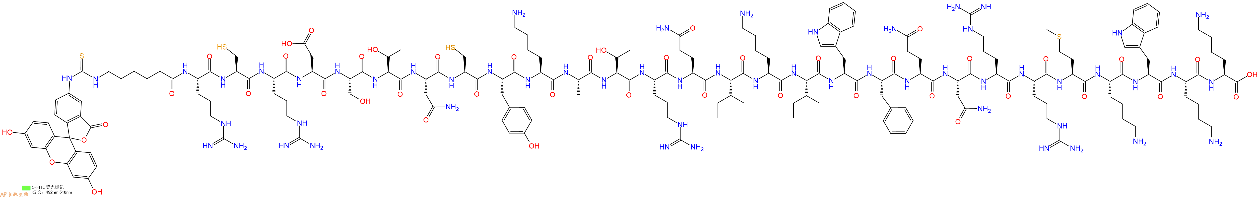 专肽生物产品5FITC-Ahx-Arg-Cys-Arg-Asp-Ser-Thr-Asn-Cys-Tyr-Lys-Ala-Thr-Arg-Gln-Ile-Lys-Ile-Trp-Phe-Gln-Asn-Arg-Arg-Met-Lys-Trp-Lys-Lys-OH