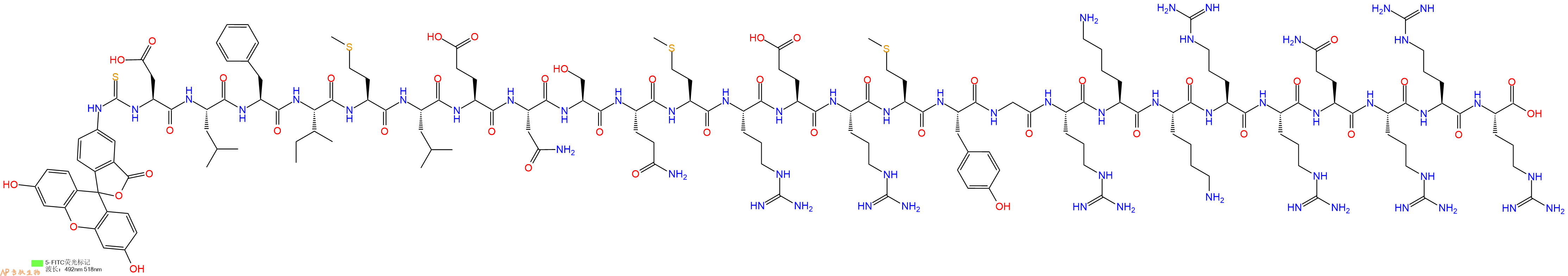 专肽生物产品5FITC-Asp-Leu-Phe-Ile-Met-Leu-Glu-Asn-Ser-Gln-Met-Arg-Glu-Arg-Met-Tyr-Gly-Arg-Lys-Lys-Arg-Arg-Gln-Arg-Arg-Arg-OH