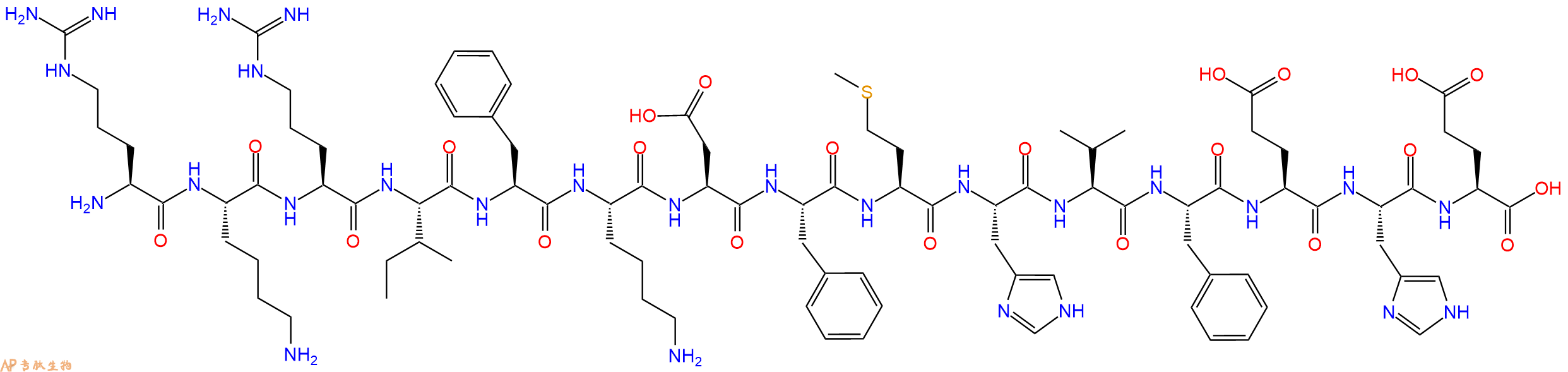 专肽生物产品H2N-Arg-Lys-Arg-Ile-Phe-Lys-Asp-Phe-Met-His-Val-Phe-Glu-His-Glu-OH