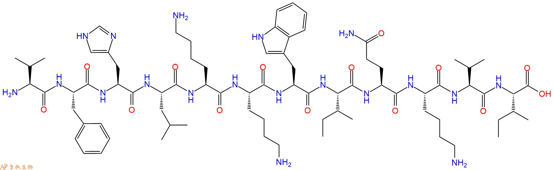 专肽生物产品H2N-Val-Phe-His-Leu-Lys-Lys-Trp-Ile-Gln-Lys-Val-Ile-OH