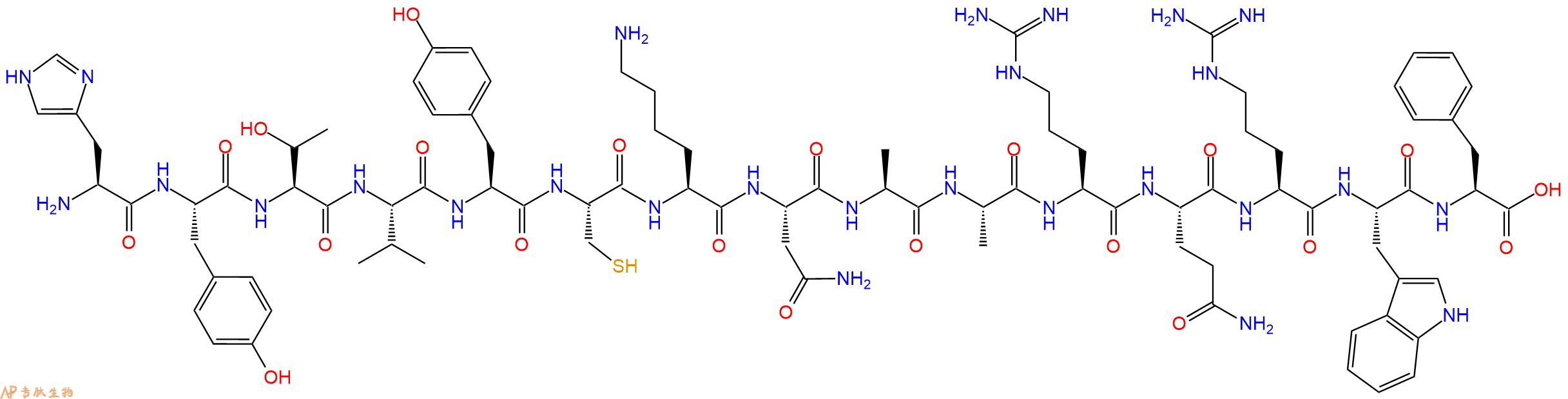 专肽生物产品H2N-His-Tyr-Thr-Val-Tyr-Cys-Lys-Asn-Ala-Ala-Arg-Gln-Arg-Trp-Phe-OH