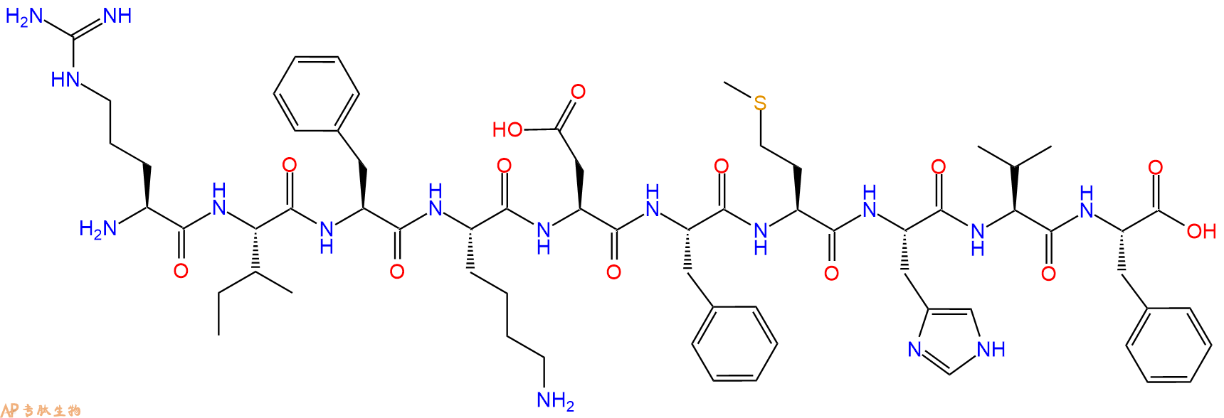 专肽生物产品H2N-Arg-Ile-Phe-Lys-Asp-Phe-Met-His-Val-Phe-OH