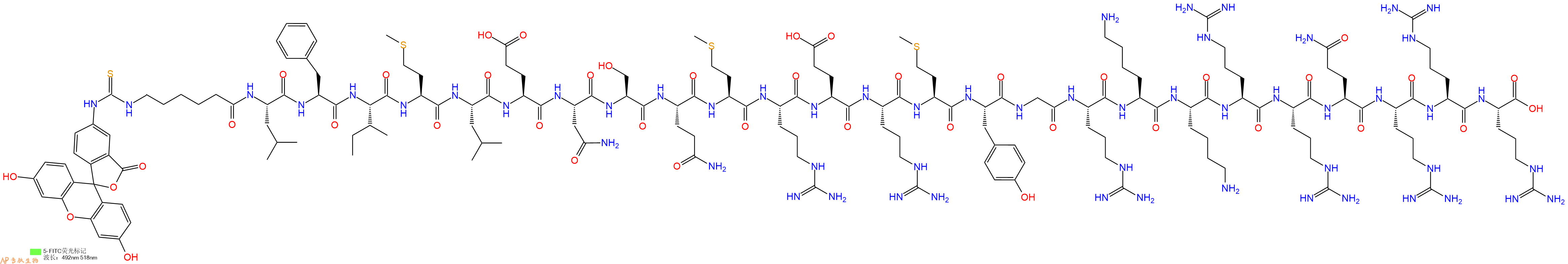 专肽生物产品5FITC-Ahx-Leu-Phe-Ile-Met-Leu-Glu-Asn-Ser-Gln-Met-Arg-Glu-Arg-Met-Tyr-Gly-Arg-Lys-Lys-Arg-Arg-Gln-Arg-Arg-Arg-OH