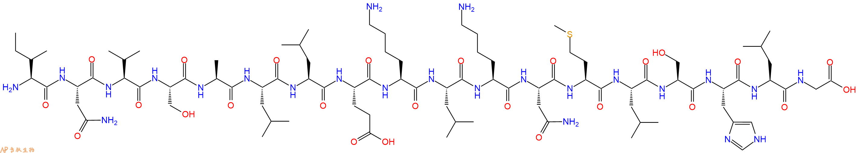 专肽生物产品H2N-Ile-Asn-Val-Ser-Ala-Leu-Leu-Glu-Lys-Leu-Lys-Asn-Met-Leu-Ser-His-Leu-Gly-OH