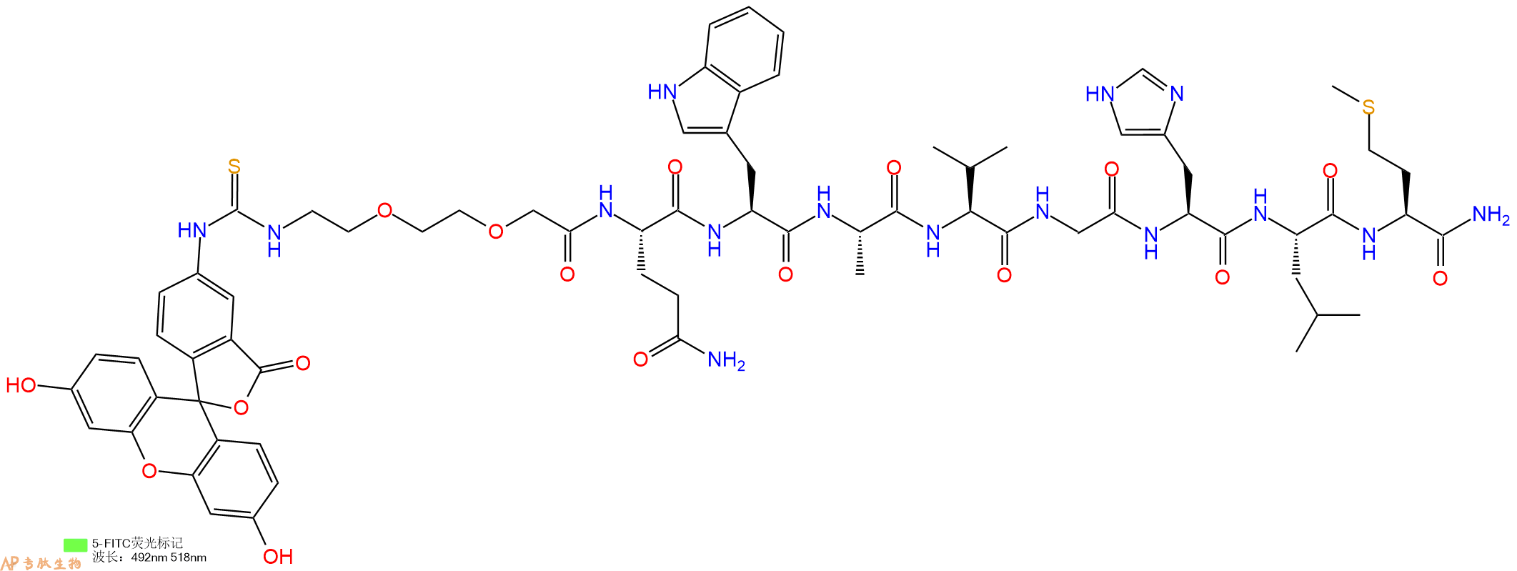 专肽生物产品5FITC-AEEA-Gln-Trp-Ala-Val-Gly-His-Leu-Met-CONH2