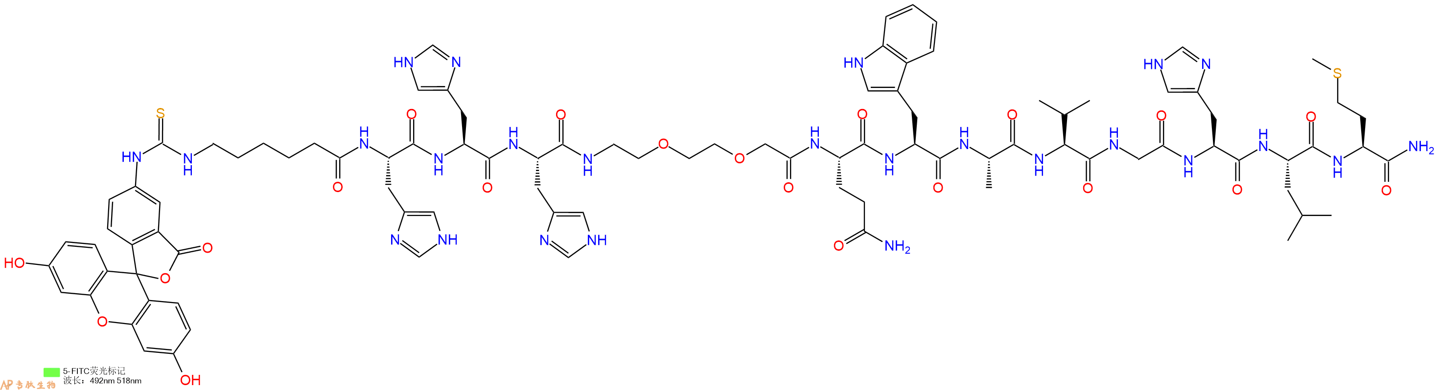 专肽生物产品5FITC-Ahx-His-His-His-AEEA-Gln-Trp-Ala-Val-Gly-His-Leu-Met-CONH2