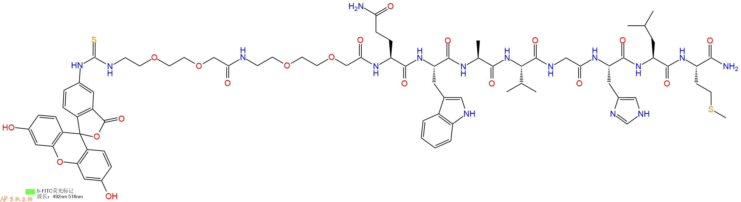 专肽生物产品5FITC-AEEA-AEEA-Gln-Trp-Ala-Val-Gly-His-Leu-Met-CONH2
