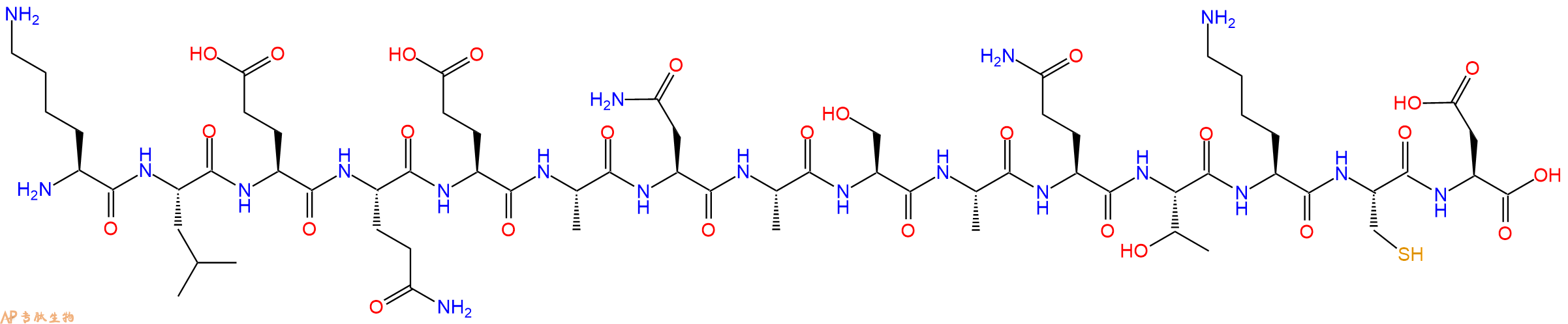 专肽生物产品H2N-Lys-Leu-Glu-Gln-Glu-Ala-Asn-Ala-Ser-Ala-Gln-Thr-Lys-Cys-Asp-OH