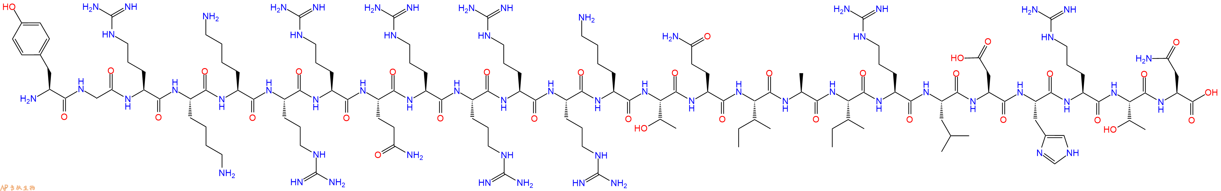 专肽生物产品H2N-Tyr-Gly-Arg-Lys-Lys-Arg-Arg-Gln-Arg-Arg-Arg-Arg-Lys-Thr-Gln-Ile-Ala-Ile-Arg-Leu-Asp-His-Arg-Thr-Asn-OH