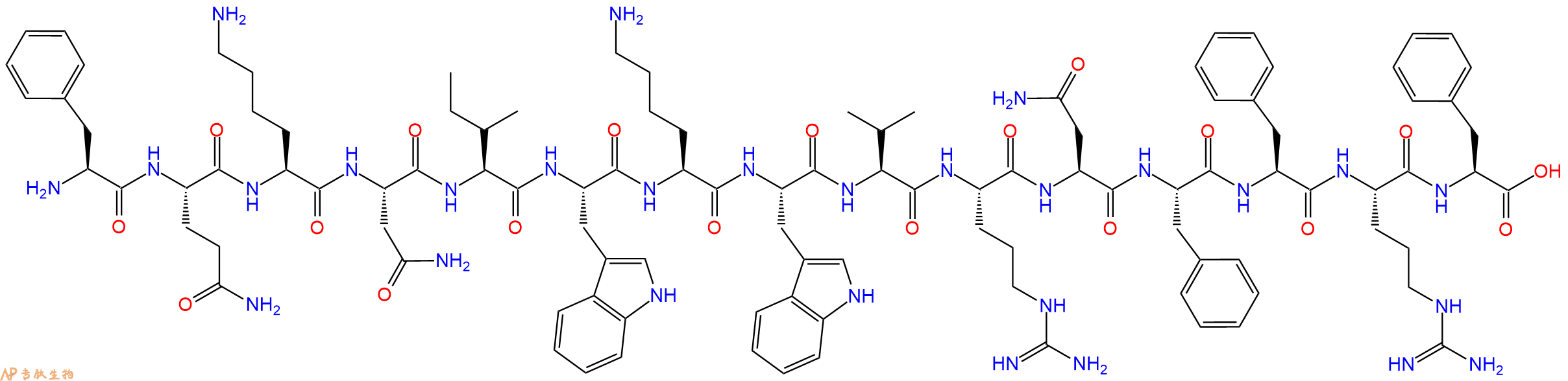 专肽生物产品H2N-Phe-Gln-Lys-Asn-Ile-Trp-Lys-Trp-Val-Arg-Asn-Phe-Phe-Arg-Phe-OH
