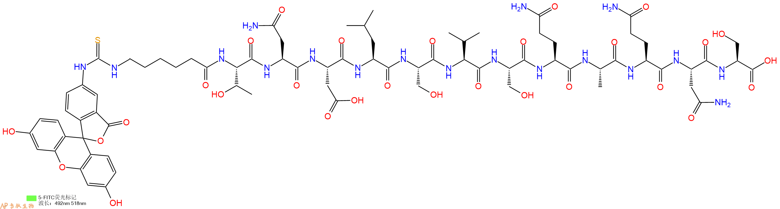专肽生物产品5FITC-Ahx-Thr-Asn-Asp-Leu-Ser-Val-Ser-Gln-Ala-Gln-Asn-Ser-OH
