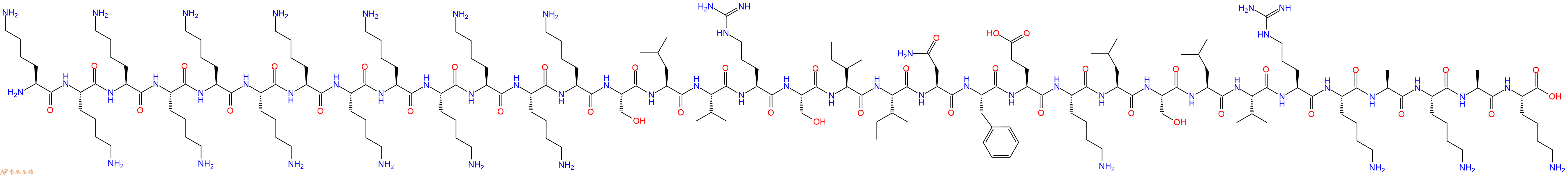 专肽生物产品H2N-Lys-Lys-Lys-Lys-Lys-Lys-Lys-Lys-Lys-Lys-Lys-Lys-Lys-Ser-Leu-Val-Arg-Ser-Ile-Ile-Asn-Phe-Glu-Lys-Leu-Ser-Leu-Val-Arg-Lys-Ala-Lys-Ala-Lys-OH