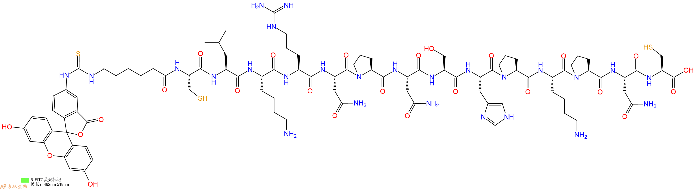 专肽生物产品5FITC-Ahx-Cys-Leu-Lys-Arg-Asn-Pro-Asn-Ser-His-Pro-Lys-Pro-Asn-Cys-OH