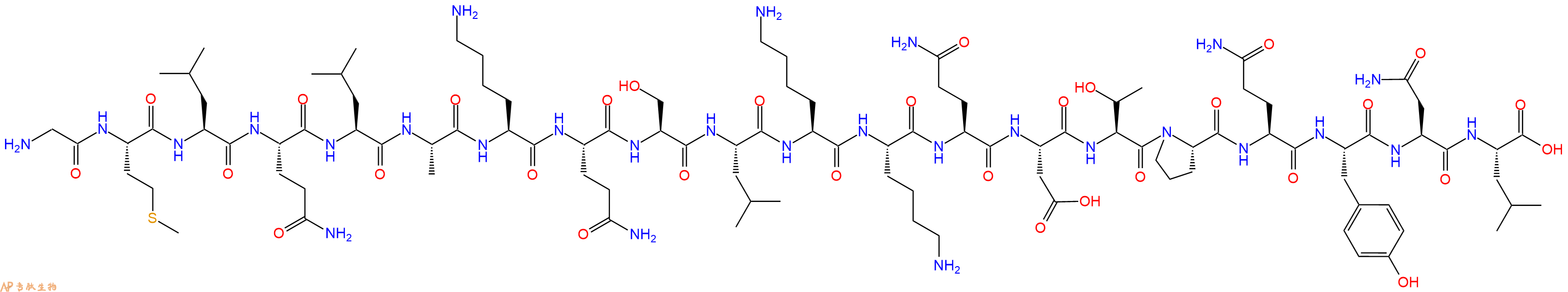 专肽生物产品H2N-Gly-Met-Leu-Gln-Leu-Ala-Lys-Gln-Ser-Leu-Lys-Lys-Gln-Asp-Thr-Pro-Gln-Tyr-Asn-Leu-OH